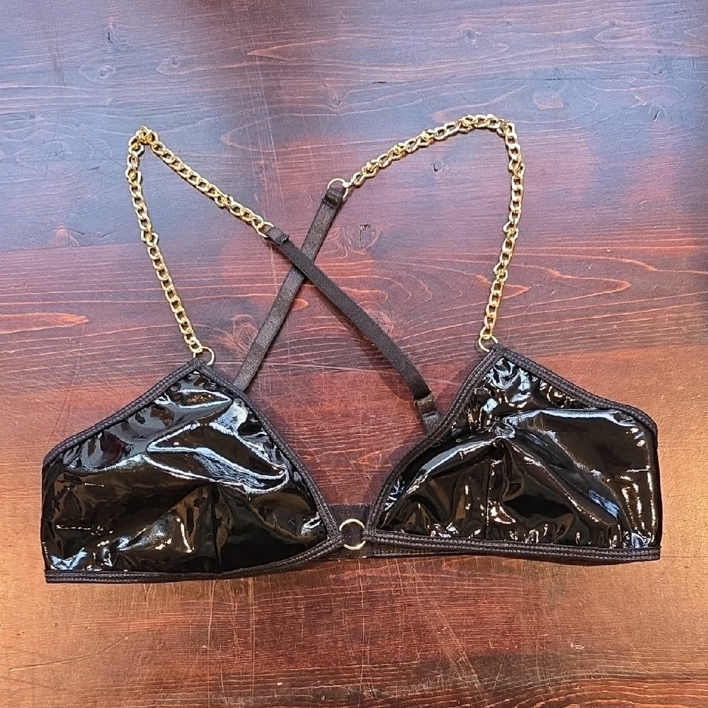 Avidlove Glossy Black Bralette with Gold Chain Straps